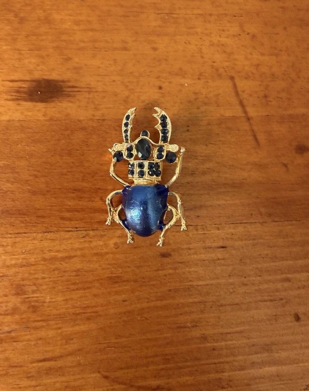 Vintage Style Blue Scarab Beetle Brooch Rhinestone Gold Tone Figural Pin